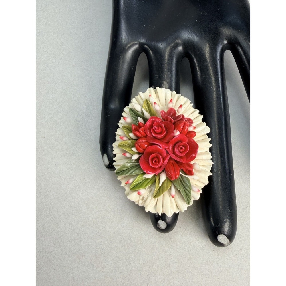 Vintage Carved Floral Brooch Red Roses Celluloid Lucite Style Dimensional Pin